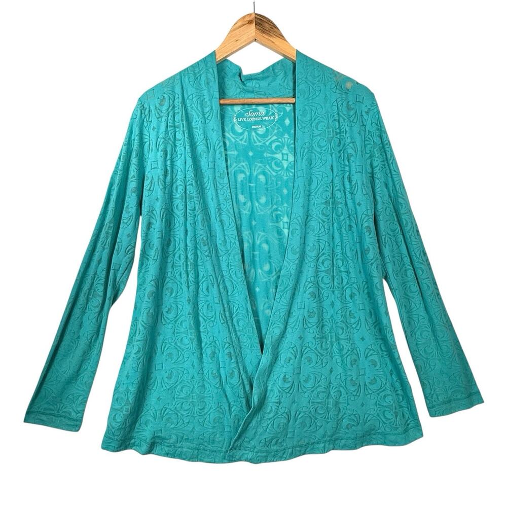 SOMA Live Lounge Wear Burnout Top Women SIZE MEDIUM Open Cardigan L/S Teal Green
